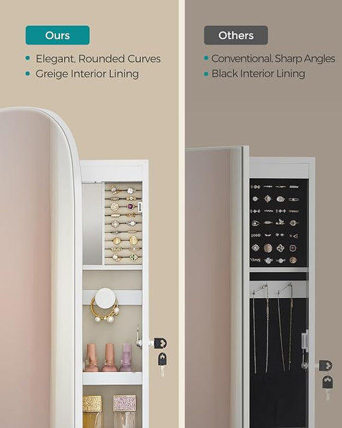 SONGMICS Jewelry Organizer, LED Jewelry Cabinet Wall/Door Mounted, Lockable Rounded Wide Mirror with Storage, Interior Mirror, 3.9 x 16.5 x 42.5 Inches, White Surface with Greige Lining