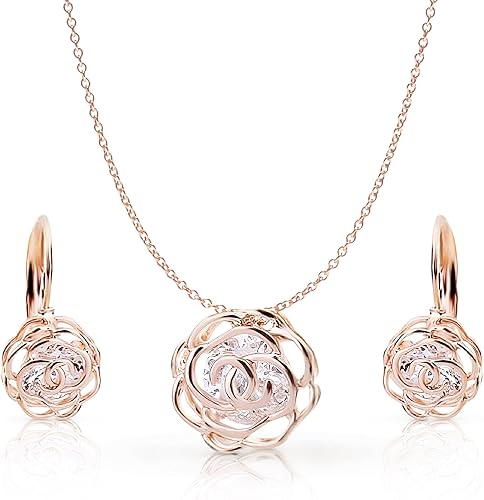 Crystalline Azuria Women 18K Gold Plated White Crystal Roses Flowers Necklace and Earrings Set for Women Wedding Party Bridal Bridesmaid Accessories