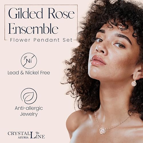 Crystalline Azuria Women 18K Gold Plated White Crystal Roses Flowers Necklace and Earrings Set for Women Wedding Party Bridal Bridesmaid Accessories