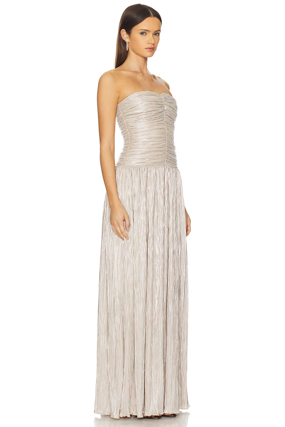 Elia Champagne Metallic Off-the-Shoulder Evening Gown with Lace Appliqué & High Slit