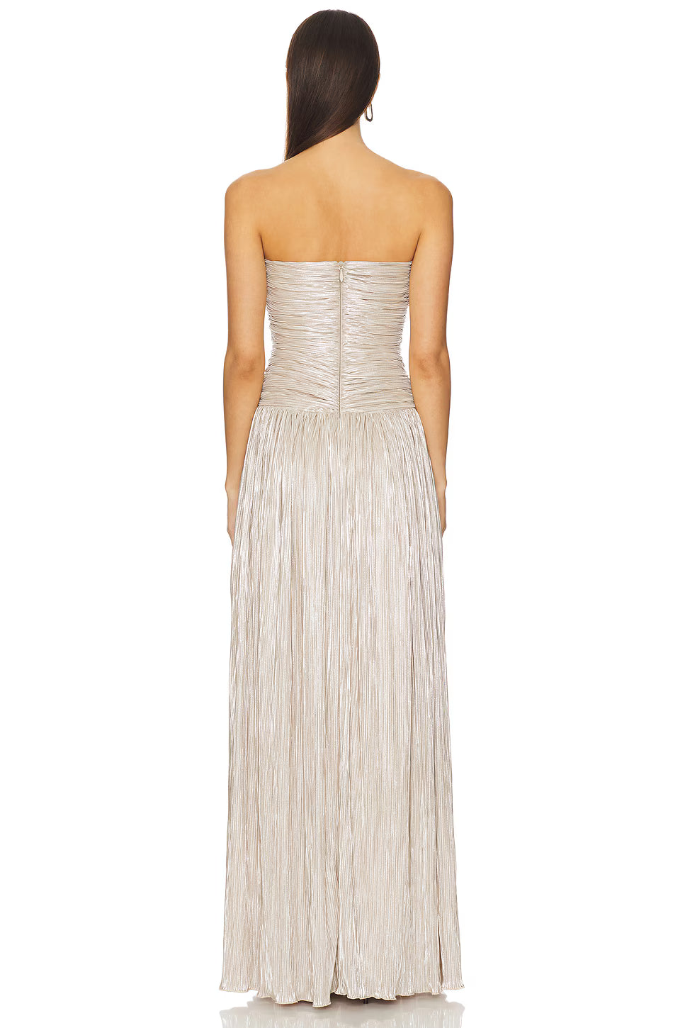 Elia Champagne Metallic Off-the-Shoulder Evening Gown with Lace Appliqué & High Slit